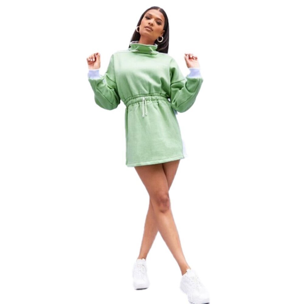 🆕 PRETTYLITTLETHING Sage Green Contrast Drawstring Sweatshirt Dress US 6